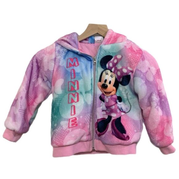 DISNEY JR MINNIE Coat Jacket Size 5 Pink Fuzzy Warm Lining Hood Full Zip. - Picture 2 of 8